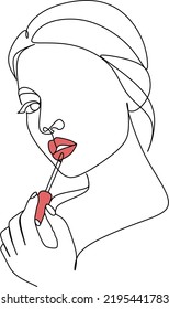 Woman with Lipstick Continuous One Line Drawing. Style Template with Abstract Female Face and Lipstick. Modern Minimalist Simple Linear Style. Beauty Fashion Design. Raster copy