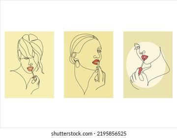 Woman with Lipstick Continuous One Line Drawing. Style Template with Abstract Female Face and Lipstick. Modern Minimalist Simple Linear Style. Beauty Fashion Design. Raster copy