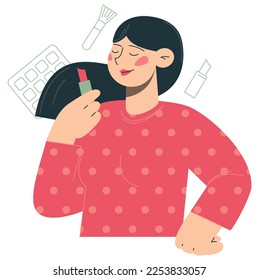 Woman with a lipstick. Self hygiene and SPA, beauty service flat vector minimalist illustration
