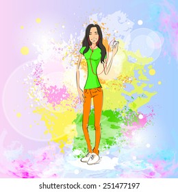 woman listen to music dance hold player casual over colorful splash paint background vector illustration