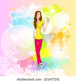 woman listen to music hold player casual over colorful splash paint background vector illustration