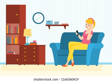 Woman listen to music on headphones.Woman enjoy music. Vector illustration.