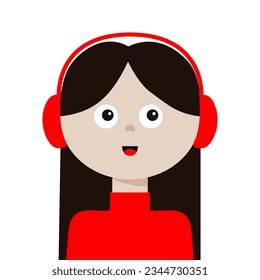 Woman listen to music. Young girl face. Earphones, headphones. Brunette lady, female. Social networks avatar. Business activities. Cute cartoon character. Flat design. White background. Vector