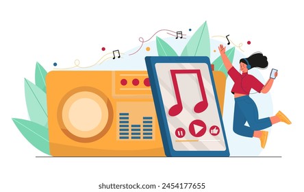 La mujer escucha música. Chica joven con teléfono inteligente y altavoz de radio. Entretenimiento y ocio, diversión. Lista de reproducción con canciones y melodías. Ilustración vectorial plana de dibujos animados aislada sobre fondo blanco