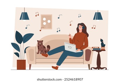 Mujer escucha música. Muchacha joven con el ordenador portátil se sienta en el sofá en el apartamento. Amante de la música con canciones y listas de reproducción favoritas. Archivos de audio MP3. Ilustración vectorial plana aislada sobre fondo blanco