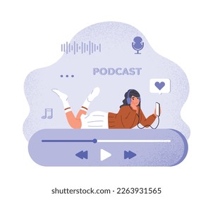 Woman listen podcast. Young girl lies with smartphone in headphones. Interesting content for social networks and instant messengers. Entertainment and recreation.