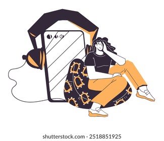 Woman listening to audio app for music, podcast or other media content, vector illustration on white background. Banner for music and audio podcast, radio or blog.