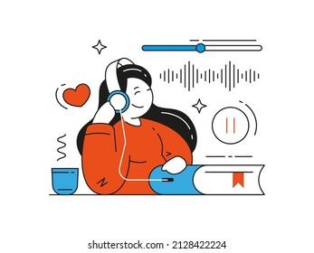 Woman listening audio book internet radio podcast application vector flat illustration. Female user textbook literature voice reading lesson helpful app online service. Education and self development