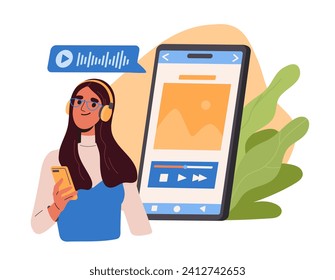 Woman listening to audio concept. Young girl in headphones near smartphone screen. Character with favourite playlist. Music lover with player listen playlist. Cartoon flat vector illustration