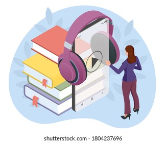 Woman listening to an audiobook. Audiobooks isometric concept. Online audiobook mobile application for smartphone screen with headphones audiobook distance education e-learning