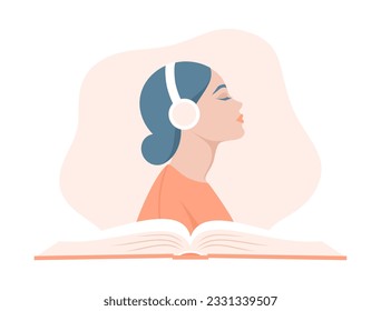 Una mujer escuchando un audiolibro. Retrato lateral de una joven con auriculares sobre un libro abierto. Ilustración vectorial plana