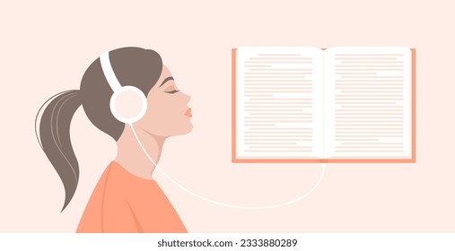 A woman listening to an audiobook. Side portrait of young woman in headphones and open book. Flat vector illustration