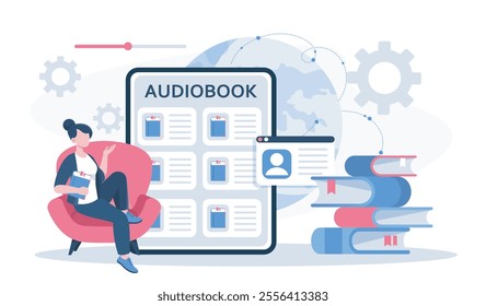 Woman listening to audiobook. Young girl sitting near stack of textbooks and tablet. Digital books. Love for reading and literature. Flat vector illustration isolated on white background