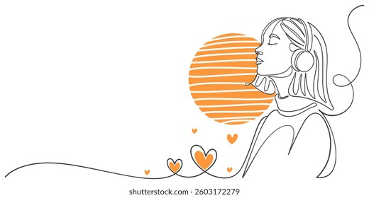 woman listening to great music love concept.continuous single drawn one line. girl woman listens to music with headphones
