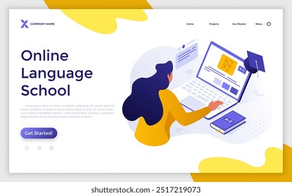 Woman listening to internet educative course on laptop. Online language school landing page isometric template. E-learning benefits for students creative 3d vector illustration for web page