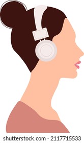 Frau, die Musik-Audio-Podcast Meditation Vektorgrafik, Illustration auf weißem Hintergrund Kopfhörer-Haarstiftzeichen Kopfhörer auf der Kopfhörer mit schönen braunen Haarbensilhouette