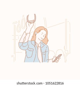 The woman is listening to music in the bus. hand drawn style vector doodle design illustrations.