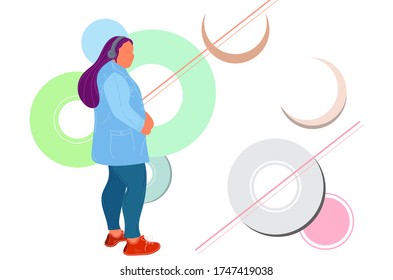 Woman listening music by headphone, music lover, illustration vector