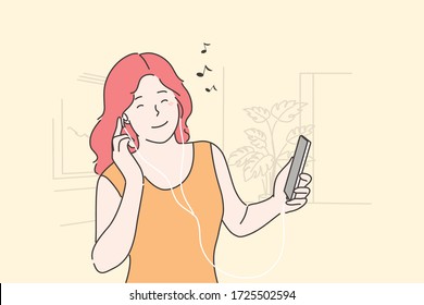 Mujer escuchando el concepto musical. Joven joven jovencita sonriente adolescente caricaturista sosteniendo el teléfono móvil y disfruta de canciones musicales sonando con audífonos y divirtiéndose. Tiempo de descanso y recreación en el hogar