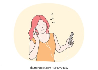 Woman listening to music concept. Young happy smiling girl teenager cartoon character holding smartphone enjoys musical songs sound in headphones and having fun. Leisure time and home recreation.