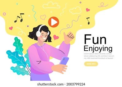 Woman listening to music concept. Young girl with earphones and headphones listen to music and enjoy sound using audio player. Young happy smiling girl teenager cartoon character holding smartphone.