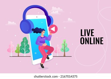 Woman listening to music concept. Young girl with earphones and headphones listen to music and enjoy sound using audio player. Young happy smiling girl teenager cartoon character holding smartphone.