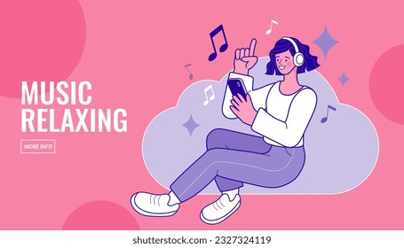 Woman listening to music concept. Young girl with earphones and headphones listen to music and enjoy sound using audio player. Young happy smiling girl teenager cartoon character holding smartphone.