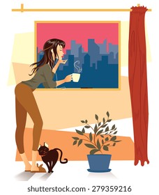 Woman is listening to the music and drinking coffee