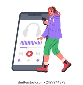 Mujer escuchando música. Muchacha con el smartphone grande que usa el App del reproductor de música, carácter femenino que disfruta de la Ilustración vectorial plana favorita de la música. Reproductor de música en la pantalla del teléfono