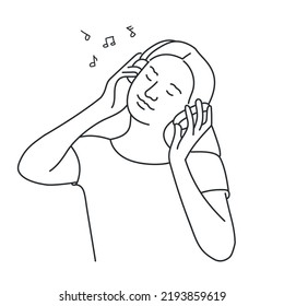 Woman listening to music. Happy teenager enjoys musical songs sound in headphones. Hand drawn vector illustration. Black and white.