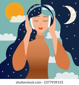 Mujer escuchando música con auriculares. mediodía y noche. Ilustración vectorial.