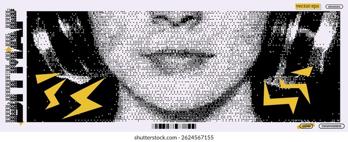 Woman listening to music with headphones in a vibrant, pixelated style reminiscent of y2k and dada aesthetics