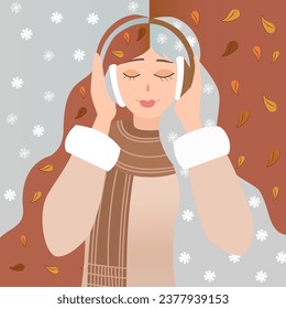 Woman listening to music with headphones. Winter and autumn season. Vector illustration.