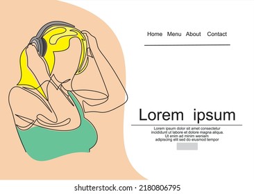  woman listening to music in headphones-Continuous one line. Can used for logo, emblem, slide show and banner. Illustration with quote template.