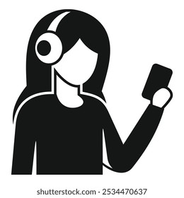 Mulher ouvindo música e segurando ícone de smartphone em estilo simples em um fundo branco