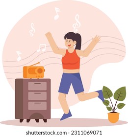 Woman Listening to Music On The Radio While Dancing Illustration