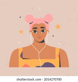 Woman listening to music, podcast, audio book, radio in earphones. Trendy young girl in headphones. Female face, portrait. Audiobook, podcasting concept. Modern isolated flat vector illustration