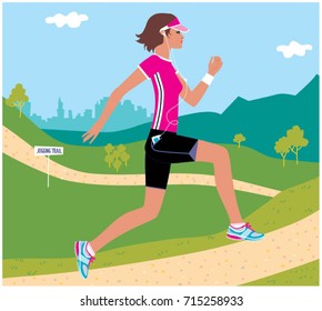 Woman listening to the music and running uphill in the park. Vector illustration.