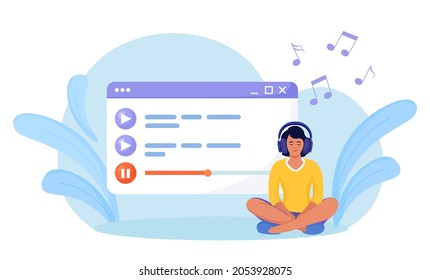 Woman listening music, sound, audio or radio with headphones. Entertainment, digital technology. Media player. Music play list. Girl Sitting, Choosing Podcasts, enjoying playlist. Online Podcasting