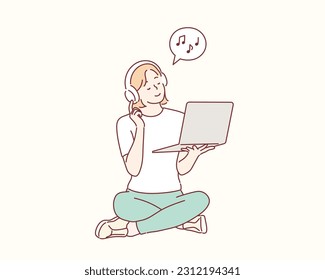 Woman listening to music through headphones. Hand drawn style vector design illustrations.