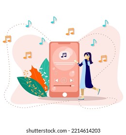 A woman is listening to music using her cell phone. listen to music with a headset. relaxed. music templates. poster. website. vector illustration design