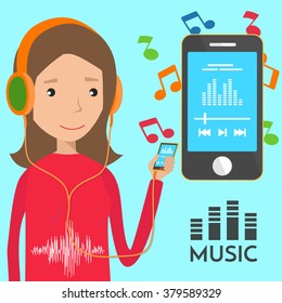Woman listening music using mobile phone. Vector Illustration