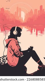 woman listening to music, vaporwave style vector illustration