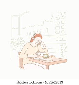 A woman is listening to music while drinking coffee at a cafe. hand drawn style vector doodle design illustrations.