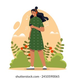 Woman listening to music. Young girl in headphones. Character with player with audio files. Music lover with favorite songs and playlist. Cartoon flat vector illustration isolated on white background