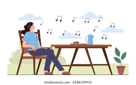 Woman listening music. Young girl at chair in headphones. Cultural rest and leisure, relaxation, enjoyment. Love for music. Flat vector illustration isolated on white background