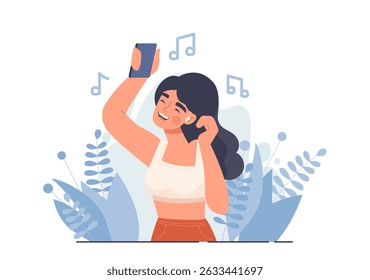 Woman listening to music. Young girl with smartphone in hands and headphones listens to her favorite melodies. Person dances to radio. Entertainment and leisure. Flat vector illustration