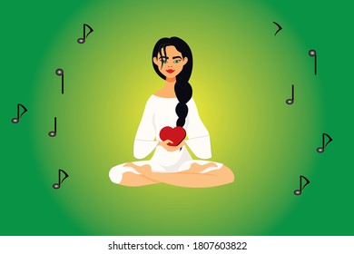 Woman listening musik in lotus position, in love, love, heart. Yoga pose