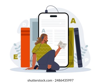 Woman listening to online course. Young girl with book in her hands sits with headphones near her smartphone. Podcast and broadcast. Education and learning. Cartoon vector illustration