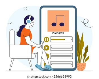 Woman listening to playlist. Young girl near huge smartphone with favorite songs. Leisure and entertainment. Multimedia and broadcast, podcast. Linear vector illustration